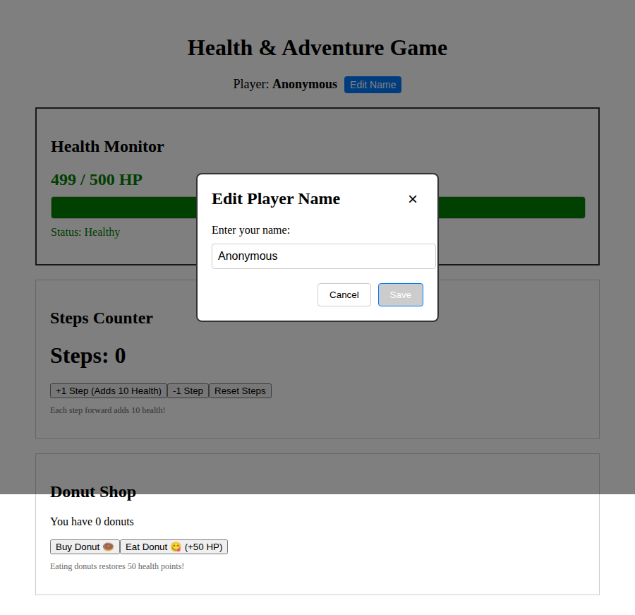 The Edit Player Name modal open over the game, Save disabled until the name validates